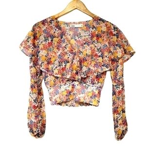Zara Sheer V-Neck Flowing Floral Cropped Blouse